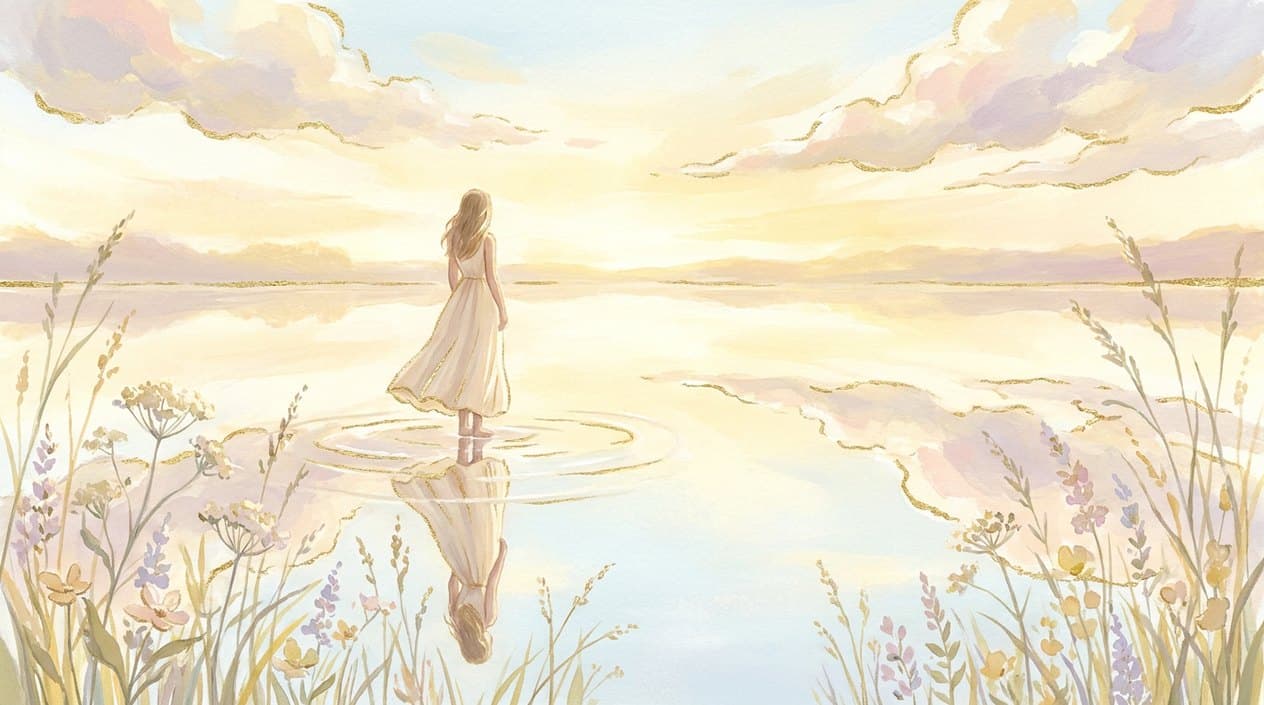 Moteris šviesia suknele auksinio vakaro šviesoje stovi ramiame, kaip veidrodis lygiame vandenyje, jos atspindys švelniai šviečia, krante žydi pievų gėlės.