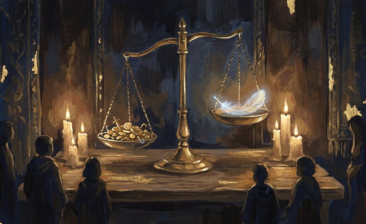 Senos žalvarinės svarstyklės žvakių šviesoje: vienoje lėkštėje auksinės monetos, kitoje šviečianti plunksna.