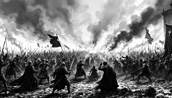 Nespalvota viduramžių mūšio scena: kariai su ietimis, vėliavos ir dūmai virš lauko