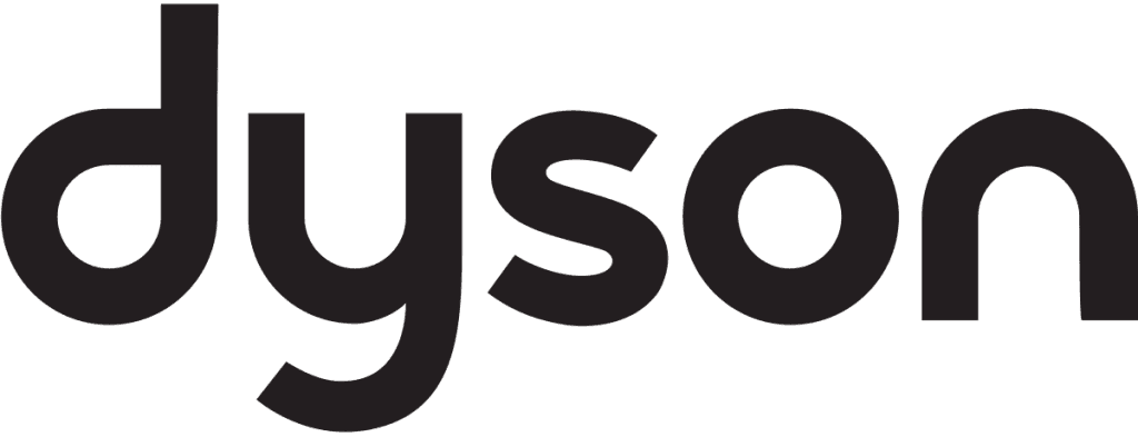 Tamsus „Dyson“ prekės ženklo logotipas su mažosiomis apvaliomis raidėmis baltame fone
