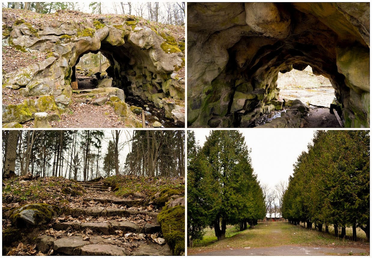 Lentvario parko grotos, laiptai ir tujų alėja Keturios nuotraukos: akmeninis grotos arkos tunelis, vidus, samanoti laiptai miške ir tujų alėja