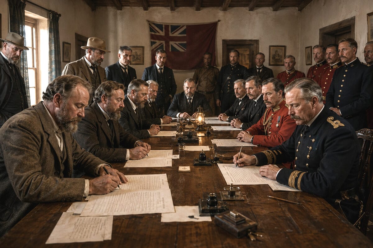 Vyrai prie ilgo medinio stalo pasirašo dokumentus, sienoje kabo britų vėliava, stovi karininkai uniformomis
