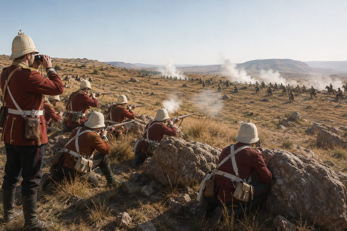 Britų kareiviai raudonomis uniformomis ir korko šalmais šaudo iš už uolų atviroje savanoje, tolumoje raiteliai ir dūmai