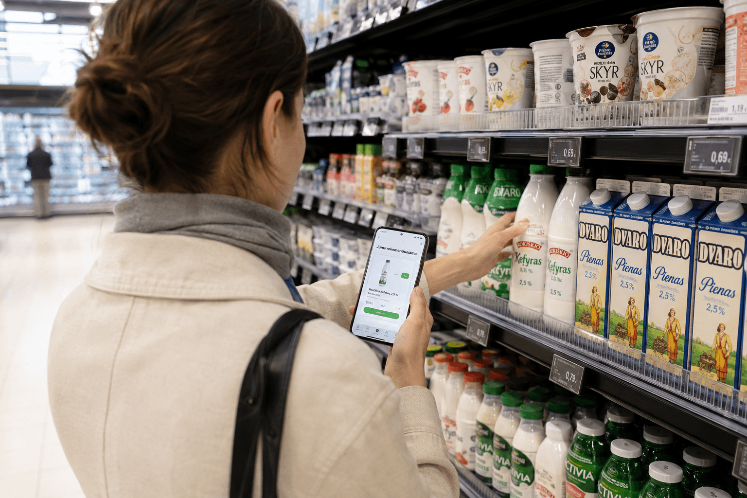 Moteris prekybos centre prie pieno produktų lentynos žiūri į telefoną su rekomendacijų programėle