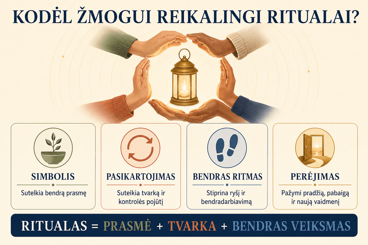 Infografikas su rankomis aplink žibintą ir keturiais ritualo elementais: simbolis, pasikartojimas, bendras ritmas, perėjimas