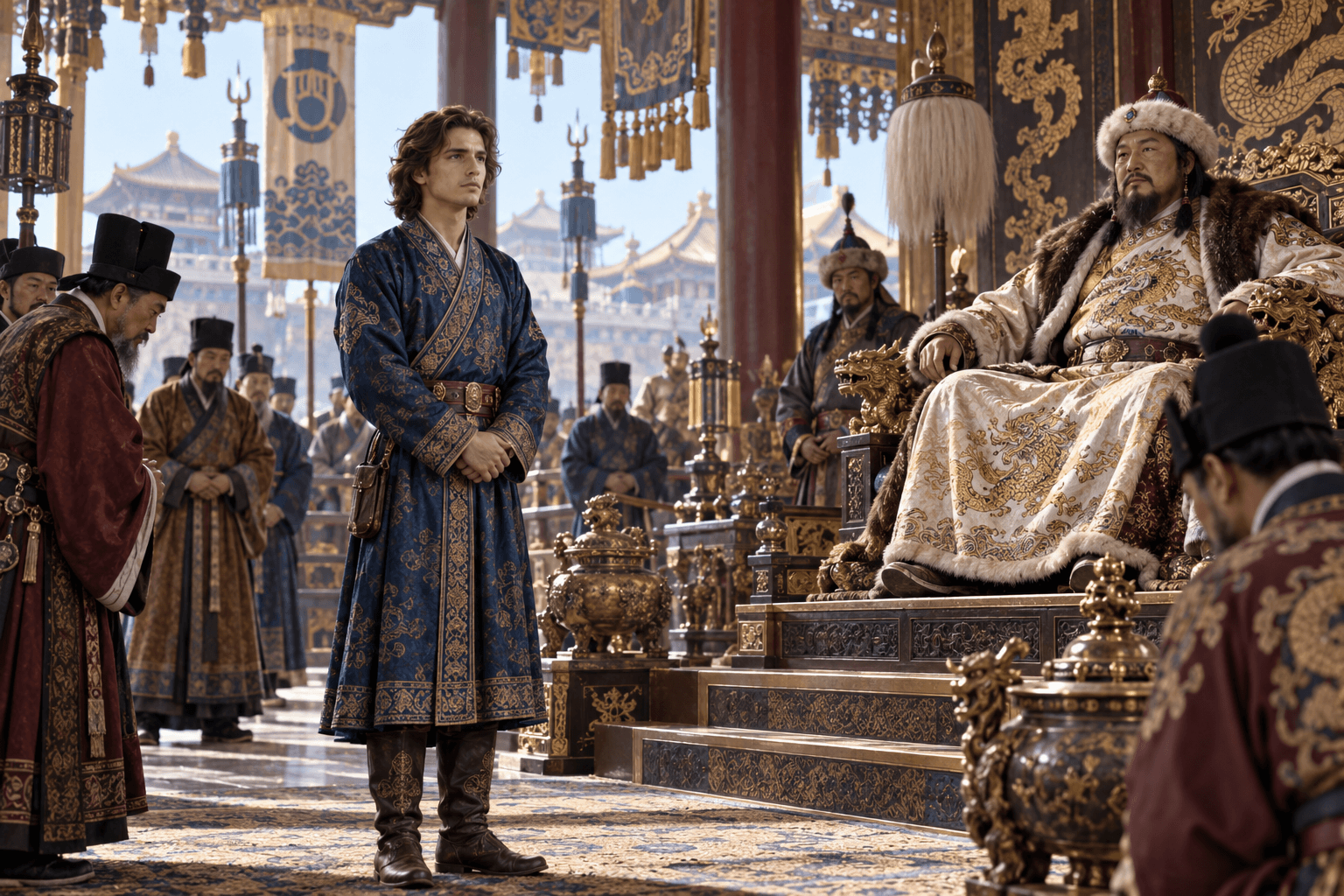 Marco Polo mėlynu šilkiniu apsiaustu stovi priešais Kublai Chaną, sėdintį auksiniame soste tarp nusilenkusių dvariškių