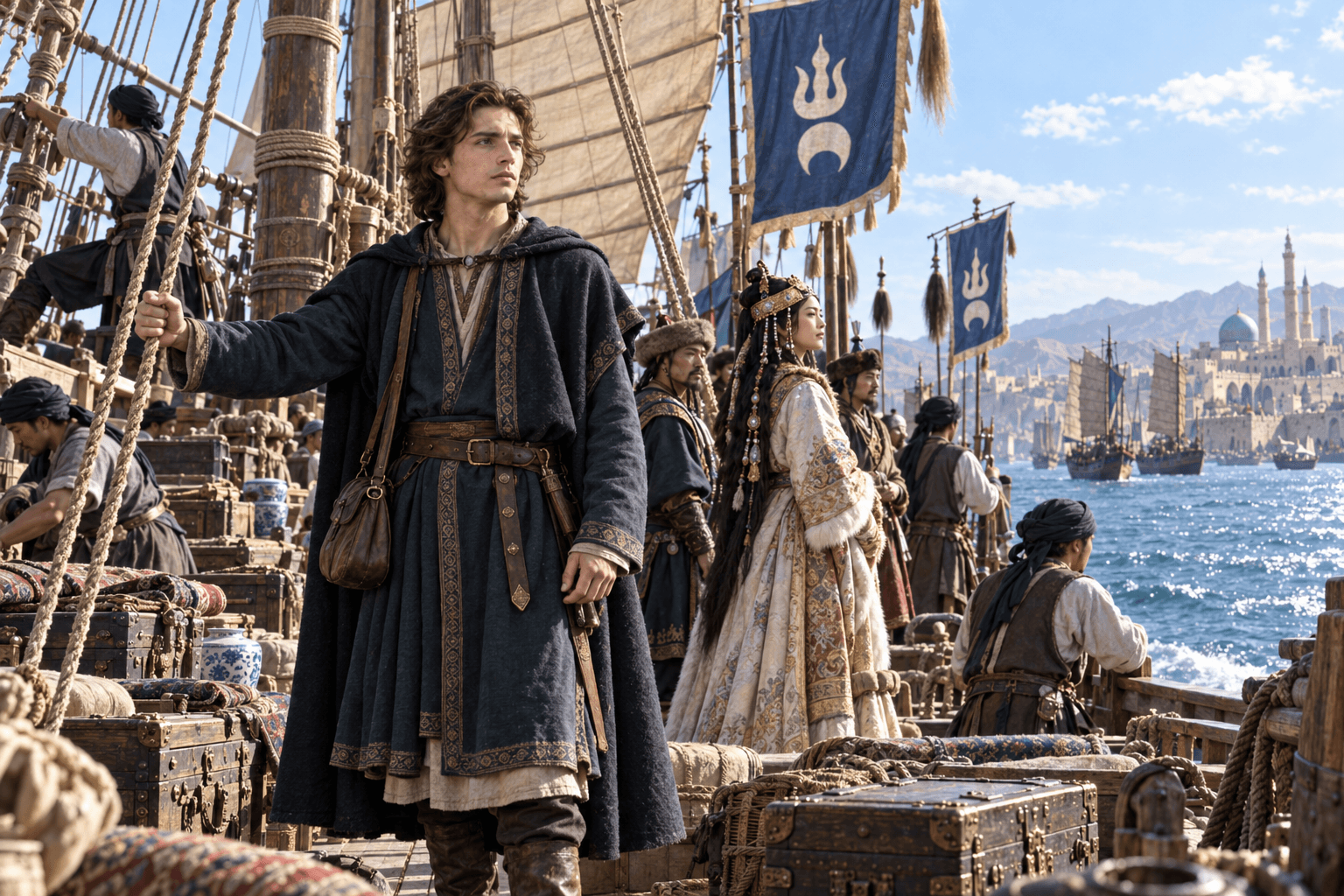 Marco Polo laivo denyje šalia Mongolų princesės ir jos palydos, fone uosto miestas ir laivai su mėlynomis vėliavomis