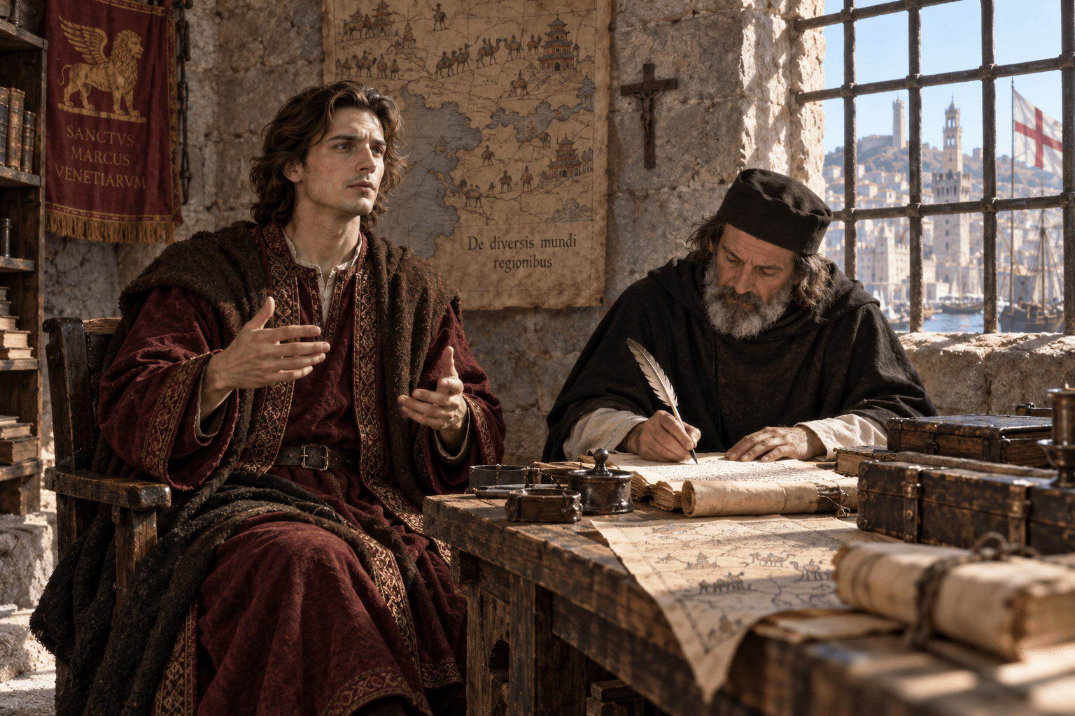 Marco Polo pasakoja savo kelionę raštininkui, kuris žąsies plunksna rašo kalėjimo kameroje su Azijos žemėlapiu ant sienos