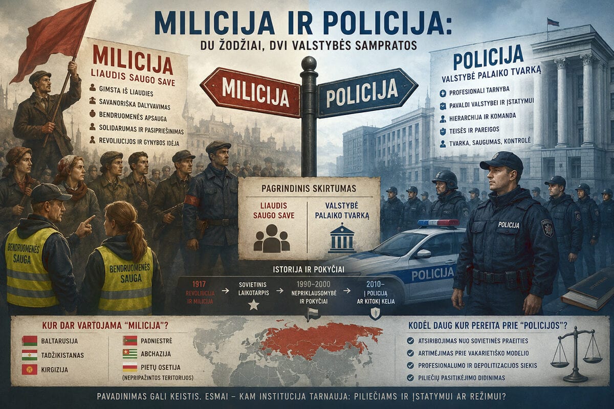 Infografikas, lyginantis miliciją ir policiją: skirtingi bruožai, istorinė laiko juosta, šalių sąrašas ir žemėlapis