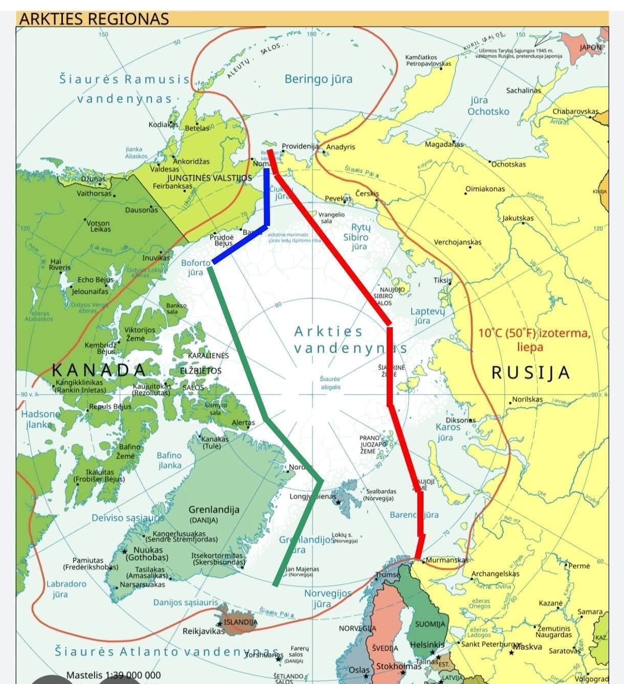 Arkties regiono žemėlapis su spalvotomis laivybos trasomis tarp Kanados, Grenlandijos, JAV ir Rusijos