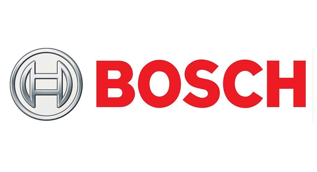 Bosch logotipas su pilku apskritimu ir raudonomis didžiosiomis raidėmis baltame fone