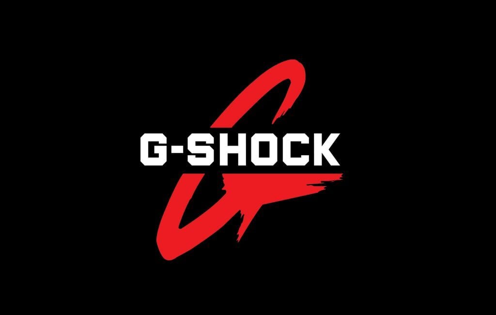 Raudonas G-SHOCK logotipas su baltu užrašu juodame fone