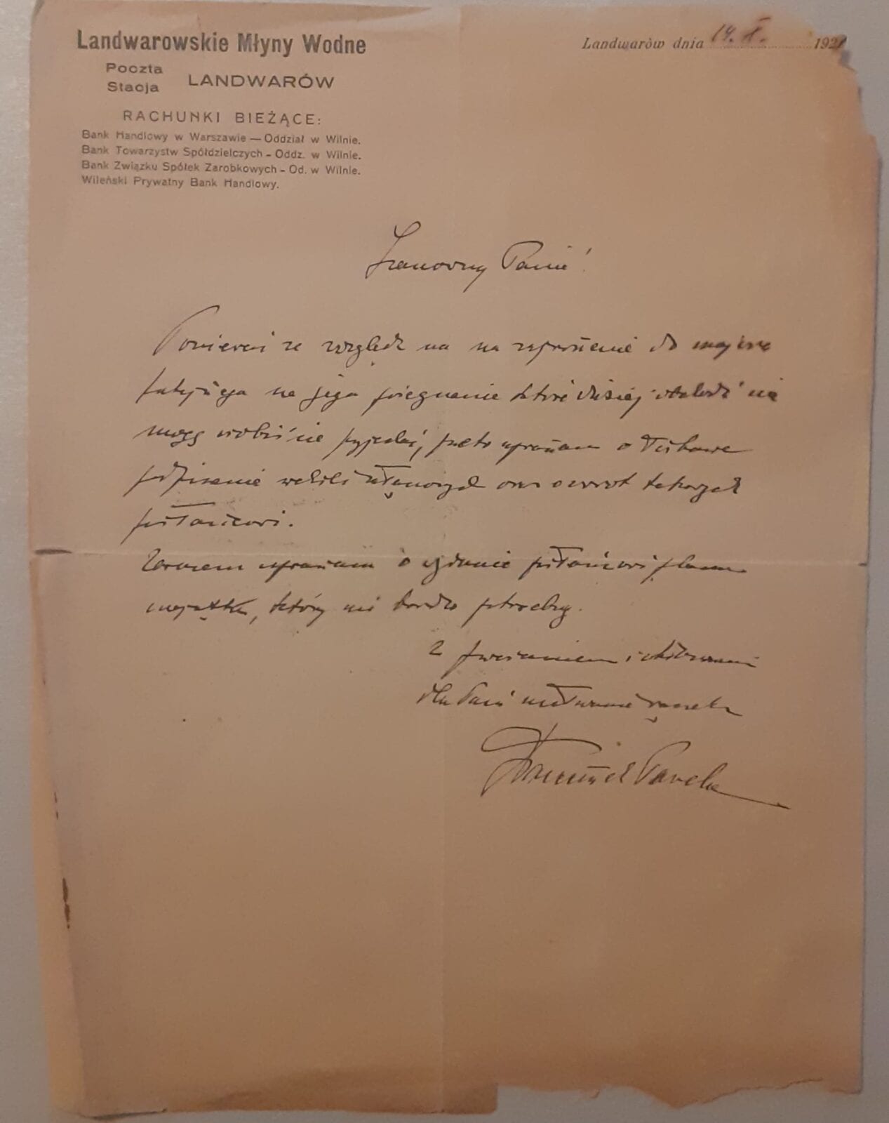 1921 m. Lentvario malūnų laiškas Pageltęs 1921 m. laiškas su Lentvario vandens malūnų antrašte ir ranka rašytu lenkišku tekstu