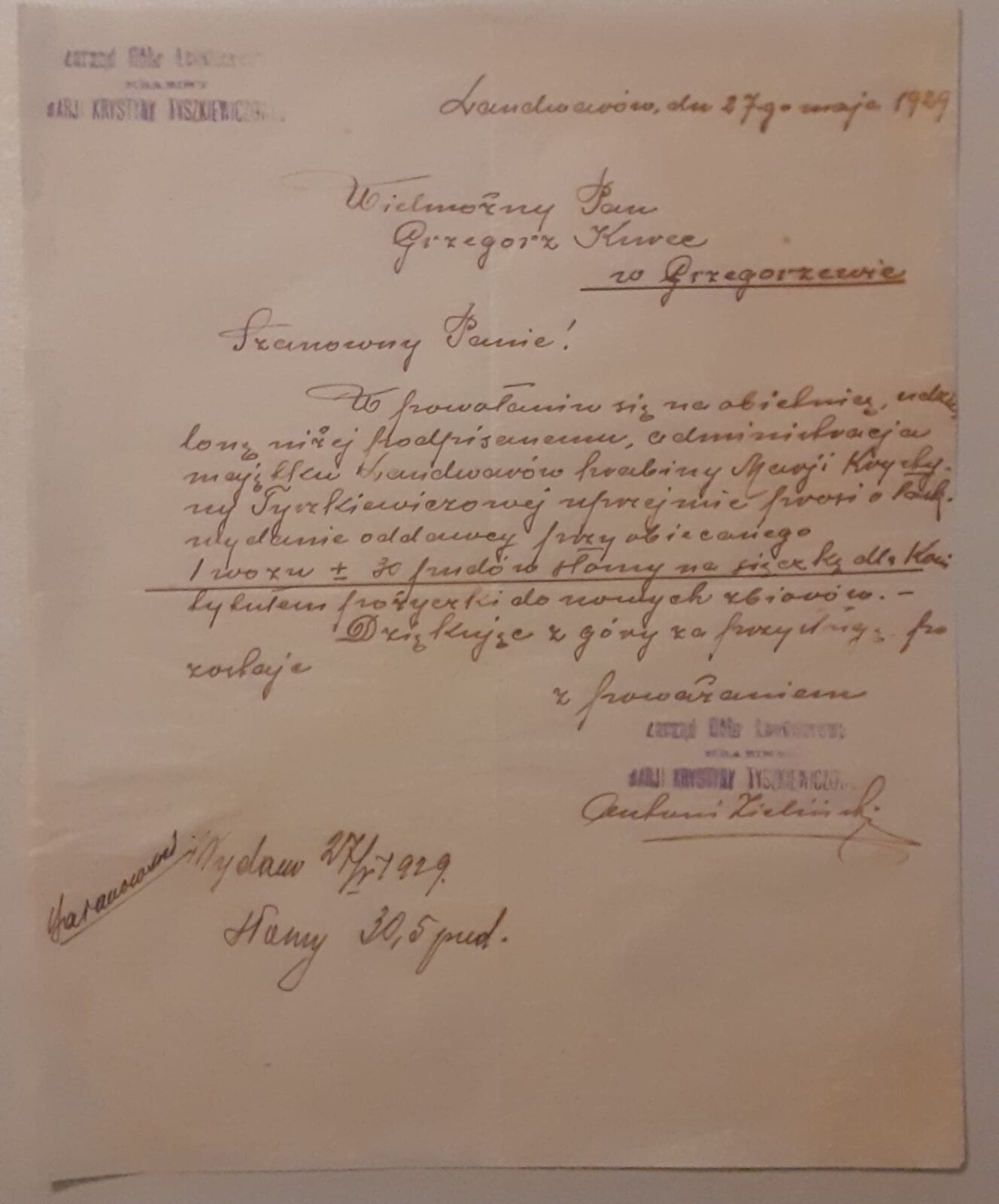 1929 m. dvaro laiškas dėl pašaro Pageltęs 1929 m. ranka rašytas laiškas lenkų kalba su dvaro antspaudais ir parašu