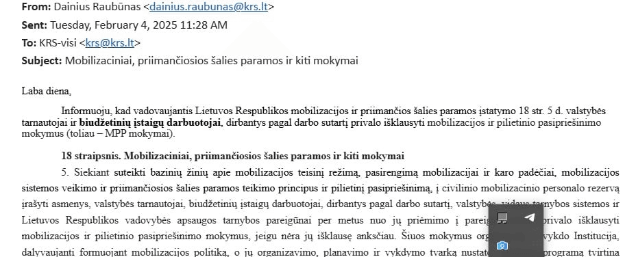 Elektroninio laiško ekrano kopija apie privalomus mobilizacinius ir pilietinio pasipriešinimo mokymus biudžetinių įstaigų darbuotojams