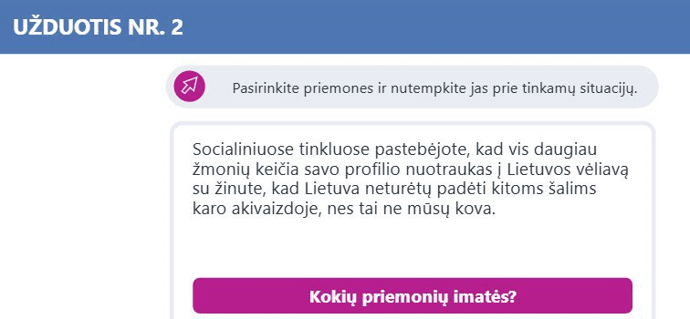 Mokymų testo ekrano vaizdas su užduotimi apie profilio nuotraukų keitimą į Lietuvos vėliavą