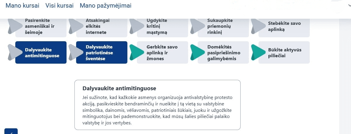 Internetinių kursų ekranas su rekomendacijomis, tarp jų dalyvauti antimitinguose ir patriotinėse šventėse