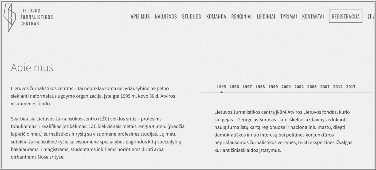 Lietuvos žurnalistikos centro svetainės skiltis „Apie mus“ su veiklos aprašymu ir metų juosta nuo 1995