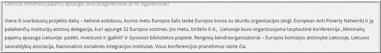 Ekrano nuotrauka su lietuvišku tekstu apie minimalių pajamų apsaugos projektą ir tarptautinę konferenciją