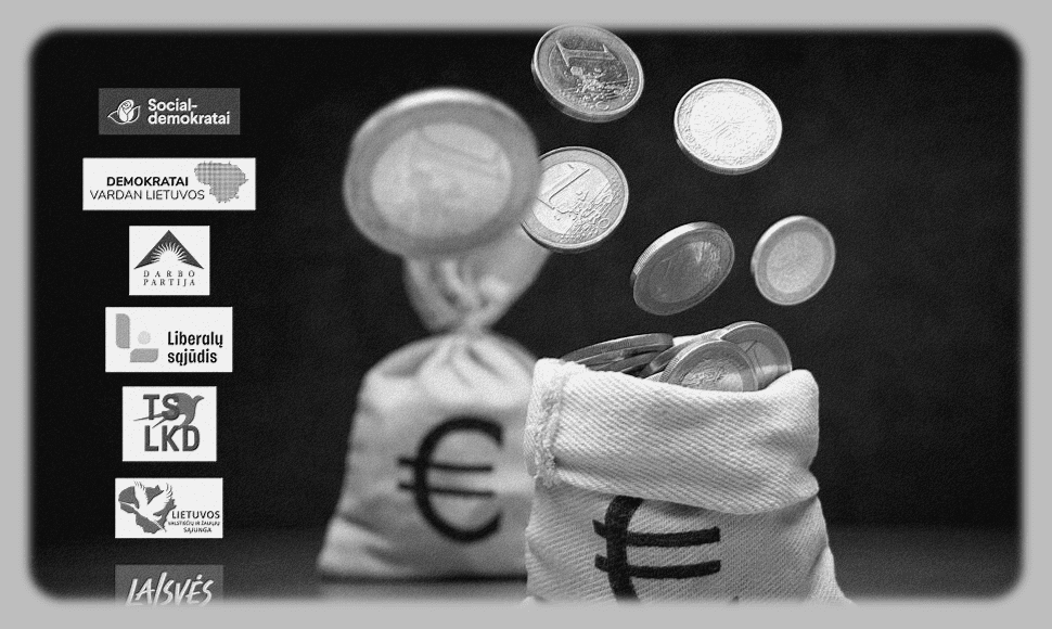 Maišeliai su euro ženklais ir krintančiomis monetomis, šalia – Lietuvos partijų logotipai