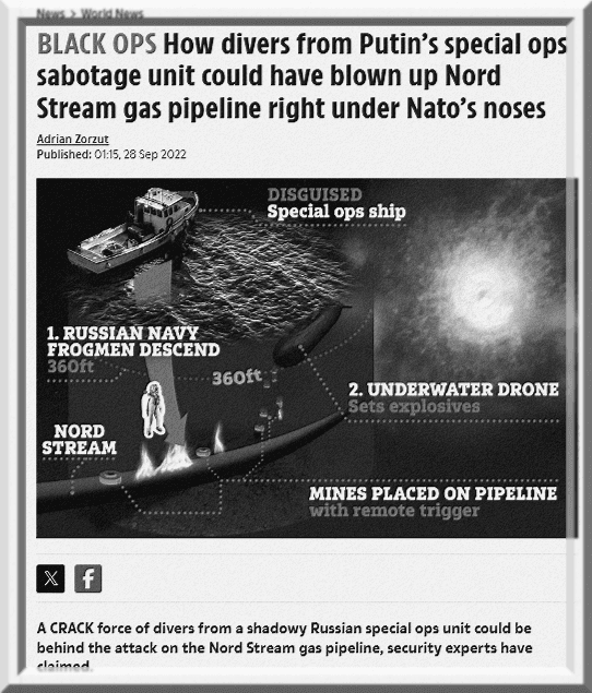 Laikraščio iškarpa su infografika: narai, povandeninis dronas ir minos prie Nord Stream vamzdyno