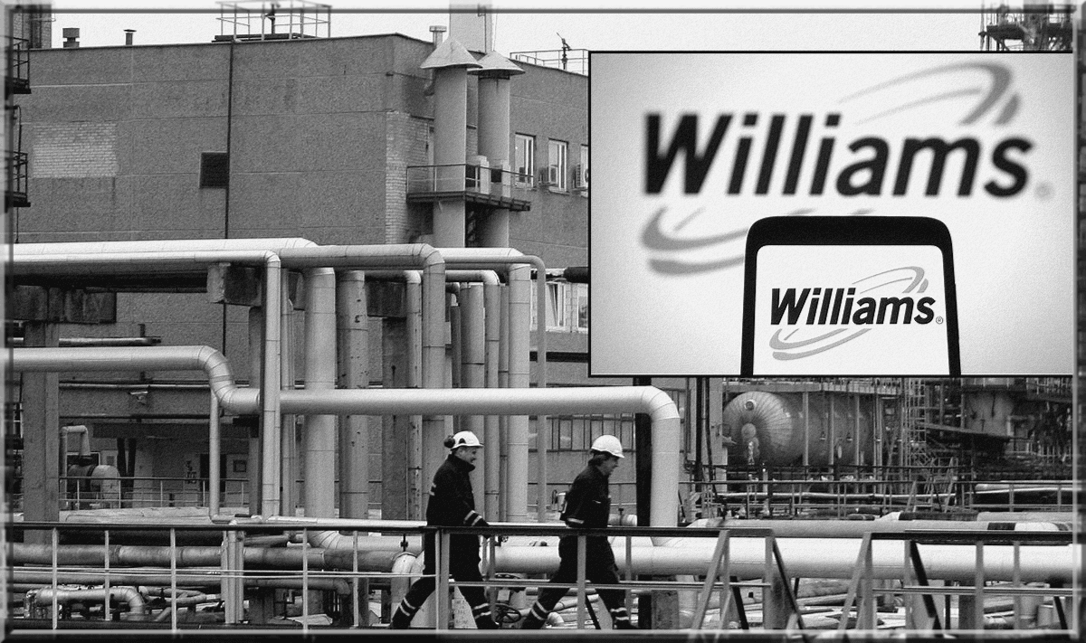 Nespalvota naftos perdirbimo gamykla su vamzdynais, du darbininkai su šalmais, šalia stendas su Williams logotipu