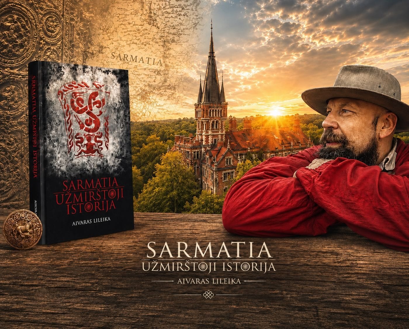 Knygos „Sarmatia. Užmirštoji istorija“ viršelis prie neogotikinių dvaro rūmų vaizdo su autoriumi skrybėlėje