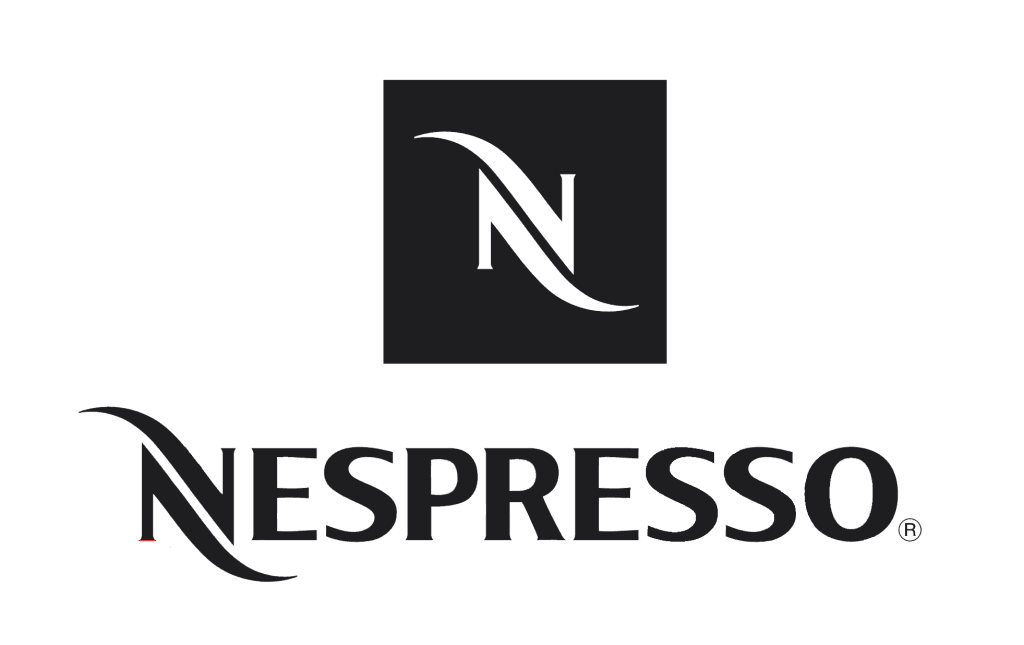 Juodas Nespresso logotipas su stilizuota N raide kvadrate ir užrašu po juo
