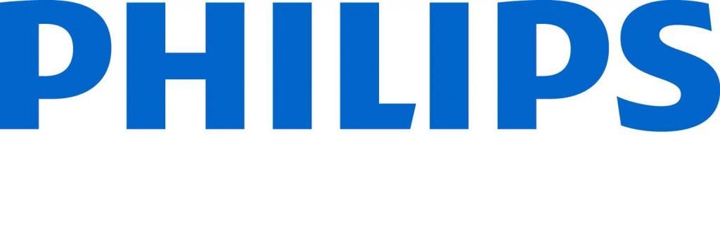 Mėlynas užrašas PHILIPS didžiosiomis raidėmis baltame fone