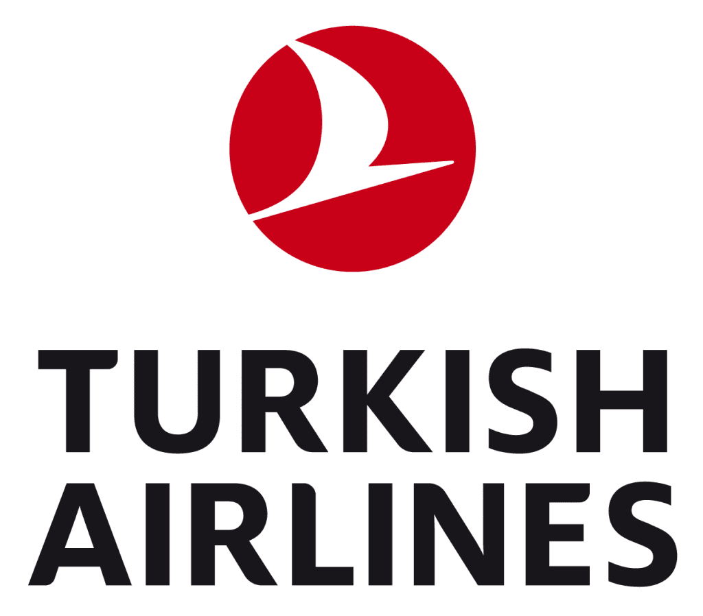 Turkish Airlines logotipas: raudonas apskritimas su baltu paukščio siluetu ir juodas užrašas