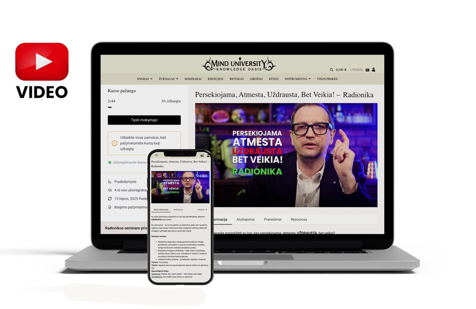 Nešiojamas kompiuteris ir telefonas rodo internetinio radionikos kurso puslapį su vaizdo paskaita ir pažangos juosta